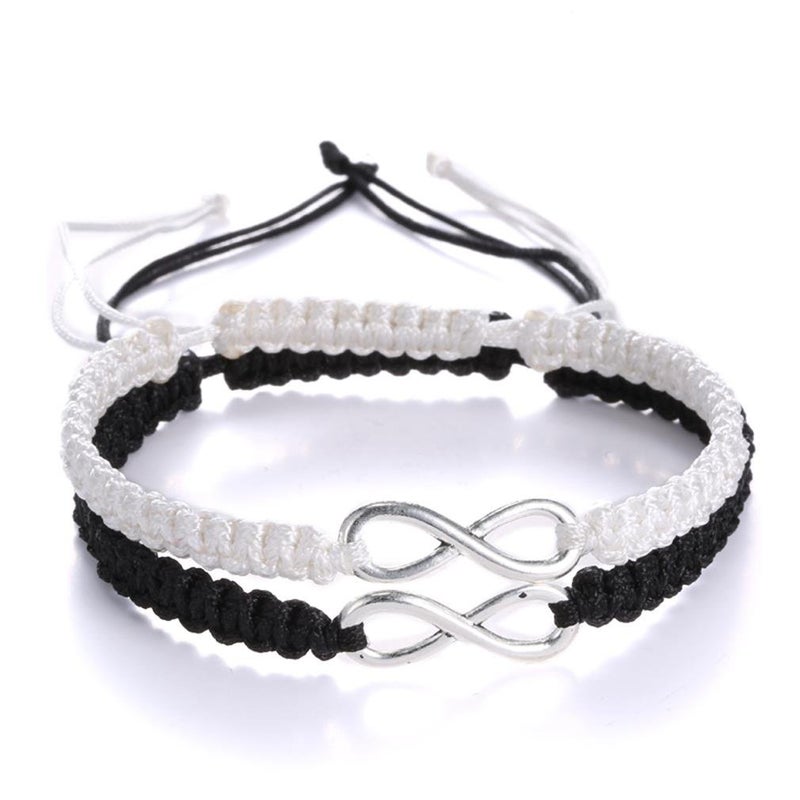 RINHOO 2PC/Set Stainless Steel 8 Infinity Couple Bracelet Braided Leather Rope Bangle Wrist Adjustable Chain Fit 7-9 Inch for Lover Friendship (2pc (black+white)) - Image 1